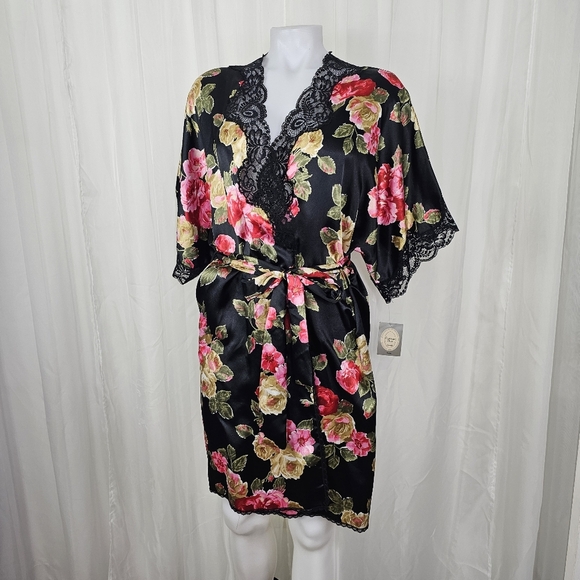Christian Dior black lace trim floral silky robe size Small Vintage Deadstock - Picture 1 of 11